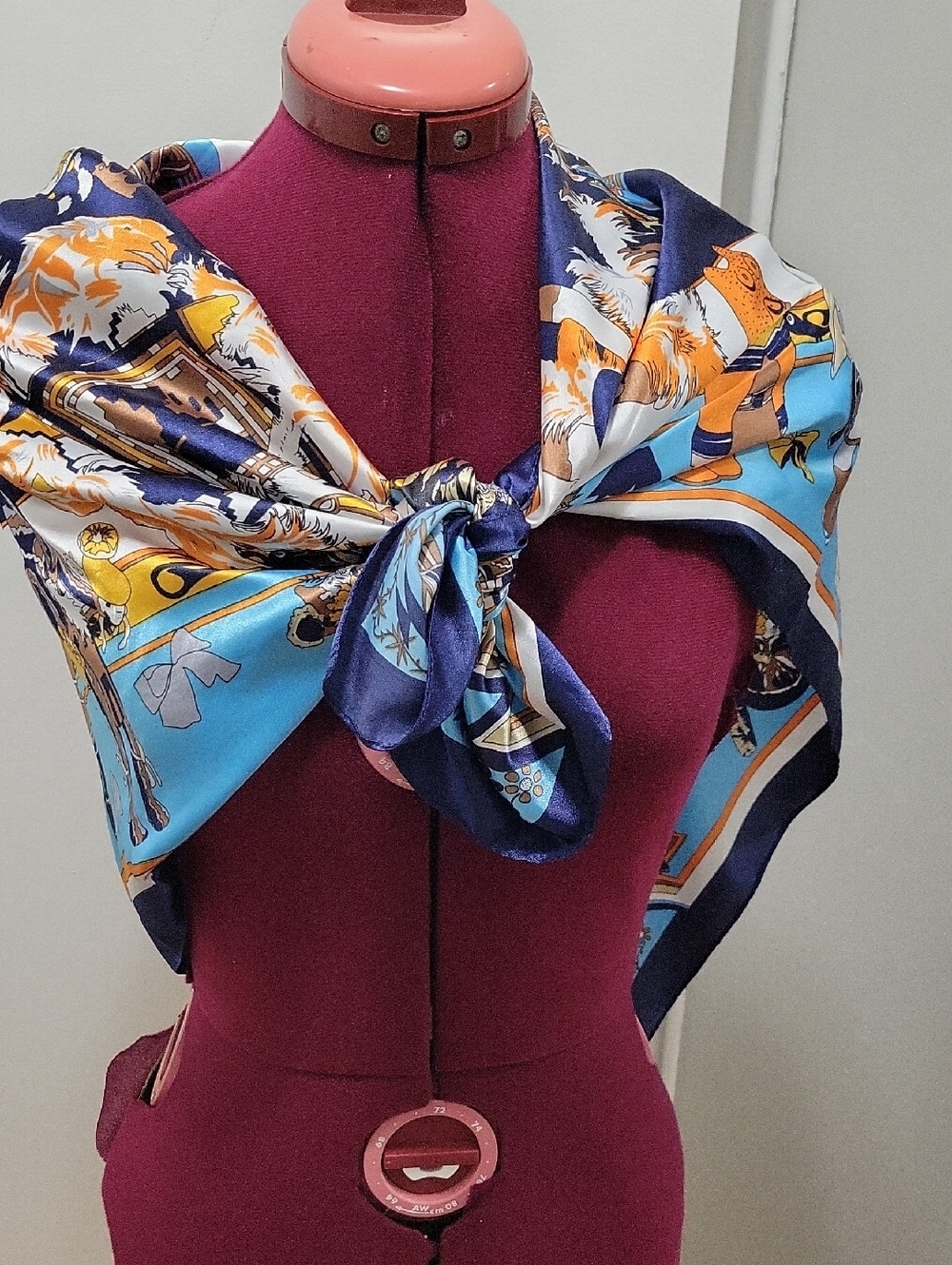 Blue and Tan Illustrated Square Scarf
